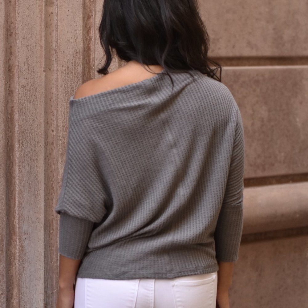 Grey Waffle Knit Off The Shoulder Top - Picture 4 of 4